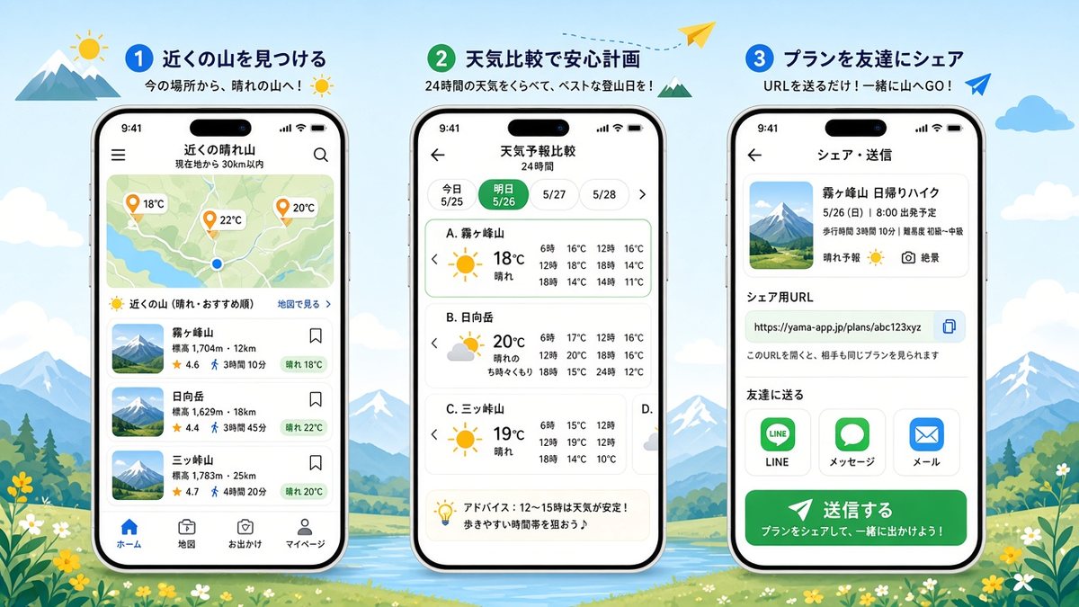 スマホ3連モックアップ。現在地からの山候補一覧、24時間予報の比較、共有URL送信画面
