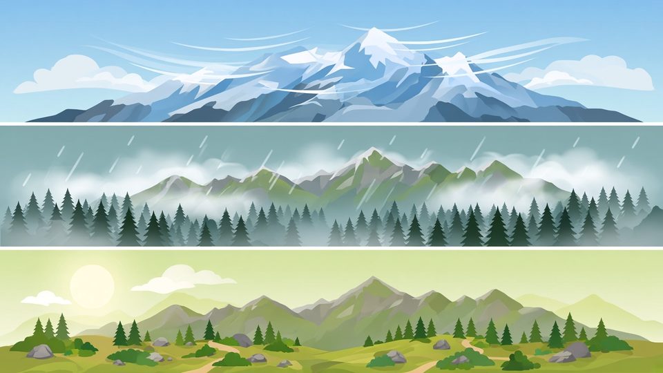山の3つの標高帯と天気の違いを示したイラスト