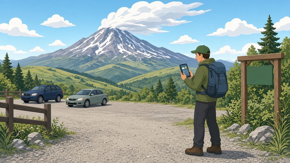 麓は晴れでも山頂が悪天候の山をスマホで確認するイラスト